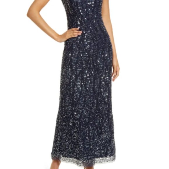 PISARRO NIGHTS  SEQUIN & BEADED SLEEVELESS NAVY  GOWN sz 4 - Picture 6 of 9